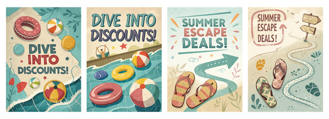 Set of four posters featuring summer escape deals with vibrant pools, inflatable rings, and flip-flops