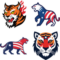 USA Flag color Tiger head side view silhouettes bold and modern animal logo set
