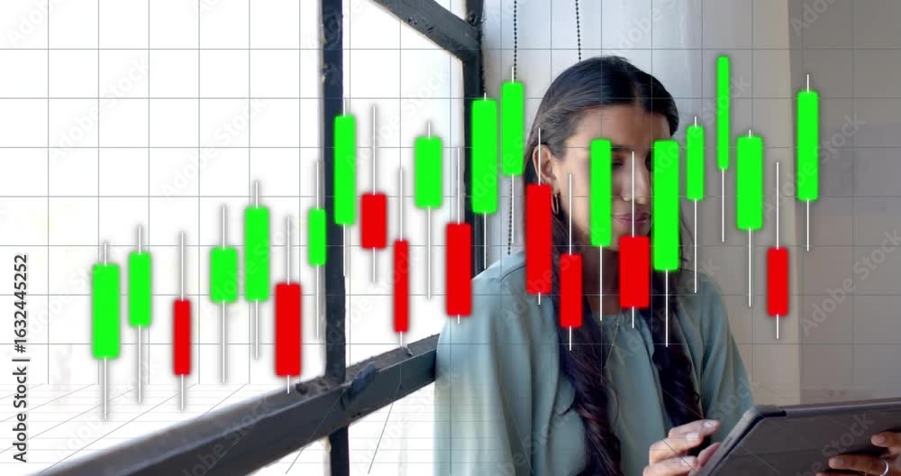 Poster analyst wearing earphones tapping tablet causing stock chart overlaying grid window and reflecting
