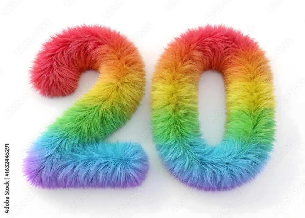 Poster a vibrant and fluffy rainbow number twenty isolated on white background, a playful and cheerful desi
