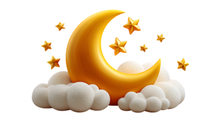 Golden crescent moon with fluffy clouds and stars isolated on transparent background