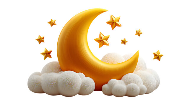 Golden crescent moon with fluffy clouds and stars isolated on transparent background - Powered by Adobe
