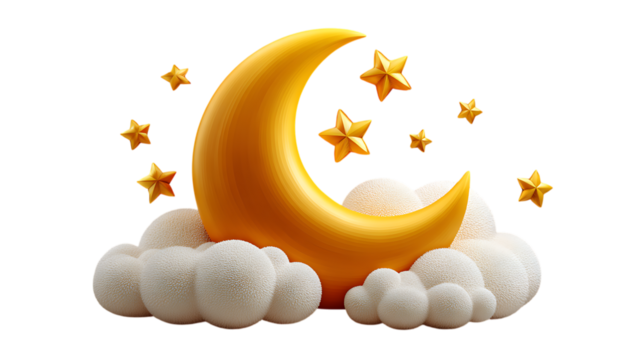 Golden crescent moon with fluffy clouds and stars isolated on transparent background - Powered by Adobe