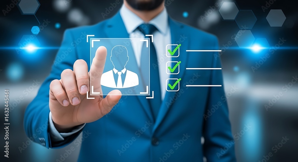 Poster businessman touching a digital screen with a profile icon and check marks, symbolizing selection and