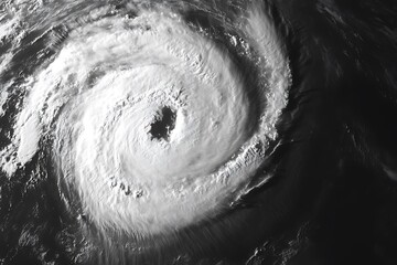 Satellite view of a powerful swirling hurricane with a clear eye showcasing the immense force of nature over the ocean