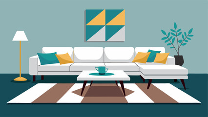 A living room with a large white sectional sofa and a low black coffee table p on a geometric patterned rug.