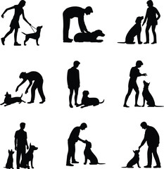 PrintDog training silhouette set, people teaching dogs, obedience commands, sitting, walking, playing, discipline, pet care, black vector illustration