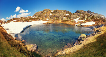 Panoramic view of the valley with a high mountain lake. Natural park in the municipality of Sauda. The beautiful nature of Norway