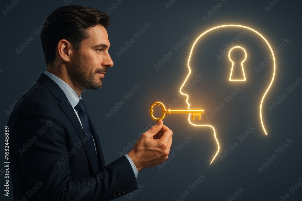 Poster unlock the potential: a man in a suit carefully examines a key against an illuminated outline of a h