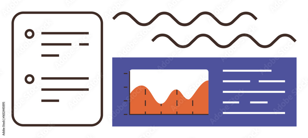 Aufkleber chart with fluctuating orange graph, text blocks, and decorative wave lines. ideal for data analysis