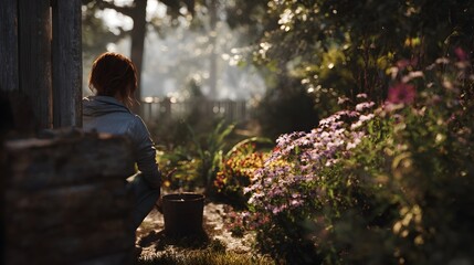 Woman tending to a thriving garden in her peaceful backyard