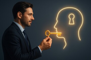 Unlock the Potential: A man in a suit carefully examines a key against an illuminated outline of a head with a keyhole, symbolizing access to knowledge and unlocking potential. 