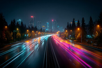 Obraz premium Experience the vibrant pulse of a city at night with dynamic light trails on a busy highway
