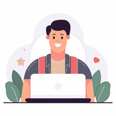 Young man happily working on laptop surrounded by positive symbols and plants