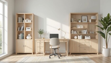Simple Light Wood Desk and Bookcase Set in a Light-Filled Space