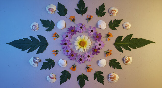 Vibrant mandala arrangement of seashells and natural flowers creates a harmonious, organic design.