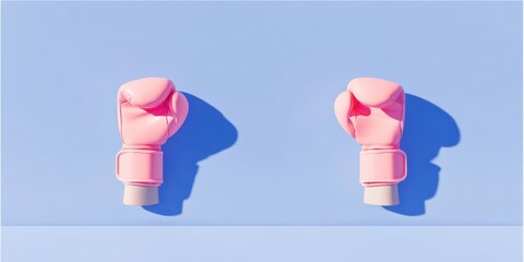 Obraz premium Pair of pink boxing gloves with sleeves against a light blue background casting shadows on the surface