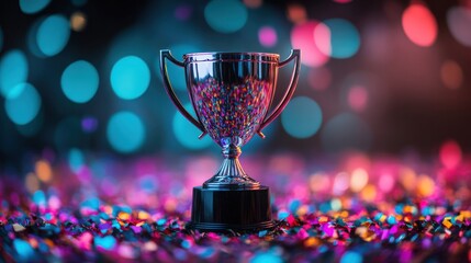 Shiny trophy amidst vibrant confetti, symbolizing celebration and achievement.