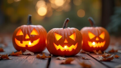 Warm Golden Halloween Pumpkin Display on Wooden Table
