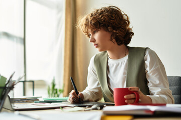 Young woman enjoying remote work in her cozy apartment during summer days