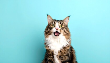 Fototapeta premium Surprised Maine Coon Cat with Open Mouth on Light Blue Background