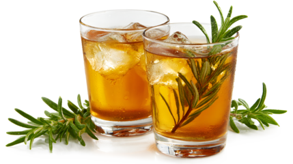 Fefreshing drink of cold tea and rosemary herbs in glasses isolated on a white background