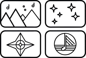 collection of minimal line art icons with mountains stars compass and music note