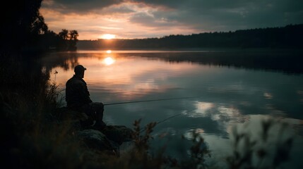 Peaceful fishing at a serene lake during sunset