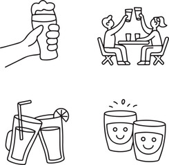 Hand Holding Drink Icons Beer Glass, Wine Cup, Martini, Whiskey Glass, Champagne Flute, and Spilled Drink