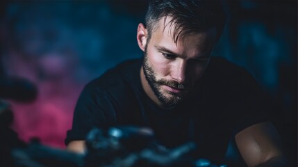 A man focused on restoring a vintage motorcycle in his workshop long title A skilled mechanic deeply engrossed in the intricate process of restoring