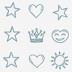 A set of Hand-drawn emoji symbol icons, such as stars, hearts, a silver crow, and a sun