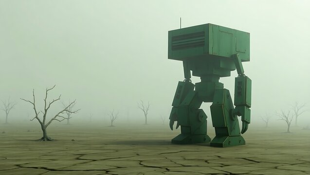 Green Robot in a Foggy Wasteland Landscape with Cracked Ground and Dead Trees