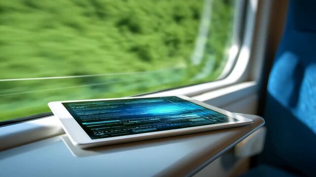 Person working on a laptop in a train interior with motion blur effect outside the window. Dynamic and modern scene ideal for remote work, digital nomad lifestyle, productivity, and travel content