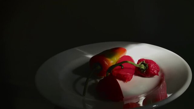 Hot Red Chili Peppers, Sweet Peppers, Fresh Glossy Fruit On A Clean White Plate, Food Styling, Minimalist Culinary