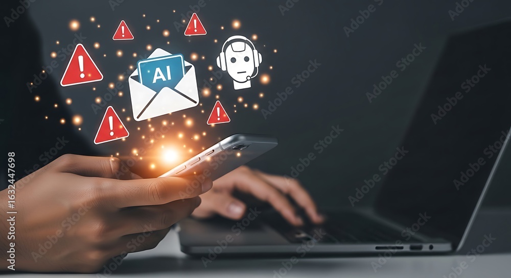 Poster person holding smartphone displaying ai email alert with warning signs and robot icon, symbolizing d