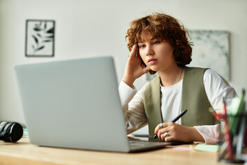 Freelancer engaged in focused work at home in a sunny apartment during summer