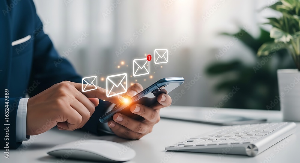 Fototapete person using smartphone to check email notifications with message icons appearing, representing digi