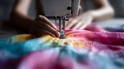 Fototapeta premium Skilled hands sewing vibrant colorful fabric on a sewing hine