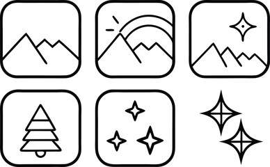 set of minimal line art icons with mountains trees stars and nature elements vector
