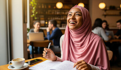  Lächelnde Frau mit Notizbuch