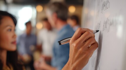 Medium shot centered on a facilitator writing key values on a whiteboard at a cultural alignment session with merged team members softly blurred emphasizing unity building.