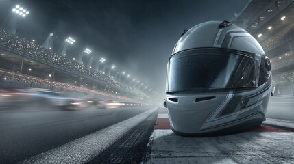 Fototapeta premium Racing helmet on track with stadium lights and blurred race cars. Motorsport challenge. Speed and action sport.