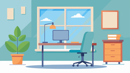 A home office with a minimalist desk and a comfortable chair. A large window provides ample natural light for working.