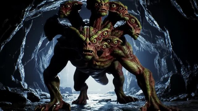 Multi-headed creature in a dark cave