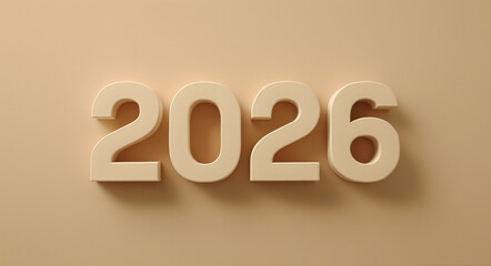 Beige 3D numbers forming "2026" stand upright on a matching monochrome background.