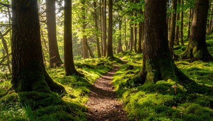 Obraz premium Sunlit Forest Path Through Lush Green Moss and Towering Trees
