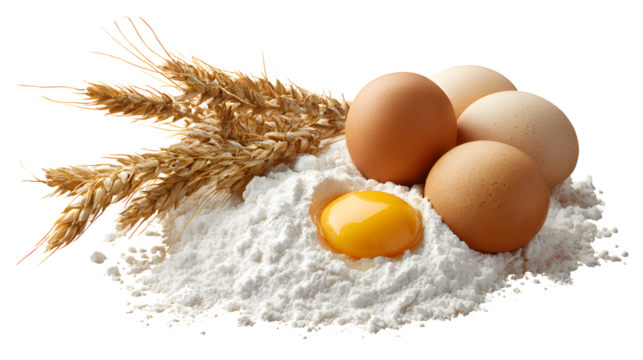Flour eggs wheat ears, isolated on a whit background