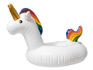Inflatable white unicorn with rainbow mane and tail cut out
