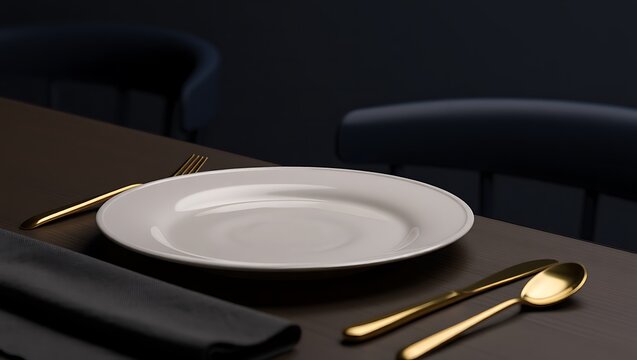Elegant Dinner Setting Gold Flatware and Black Napkin Minimalist Presentation on a Wooden Table - Powered by Adobe
