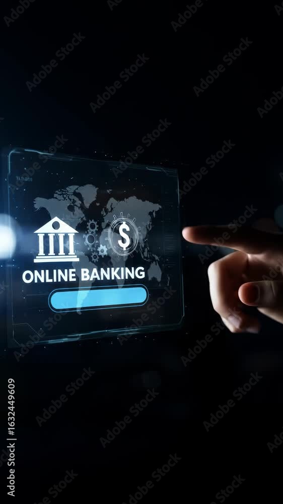 Poster online banking via secure digital platform: finger activates financial interface for seamless global